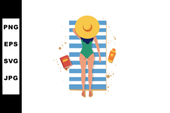 Woman sunbathing on blue striped towel with hat and sunscree Product Image 1