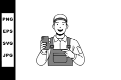 Male worker holding smartphone and pointing at device in cas Product Image 1