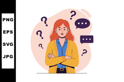 Confused woman with question marks and speech bubbles vector Product Image 1