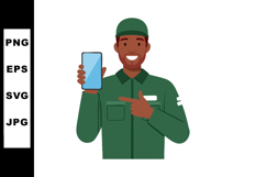 African American male worker in green uniform showing smartp Product Image 1