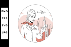 Female Flight Attendant Holding Ticket with Airplane and Cit Product Image 1