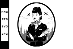 Female Flight Attendant Holding Boarding Pass with City Skyl Product Image 1