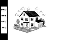 Two-story house with solar panels and garage in suburban env Product Image 1