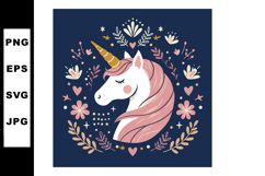 Unicorn head with golden horn surrounded by floral wreath in Product Image 1