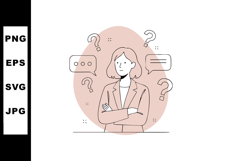 Confused woman surrounded by question marks and speech bubbl Product Image 1