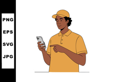 Young man using smartphone in orange polo shirt and cap vect Product Image 1