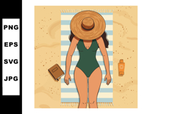 Woman in green swimsuit lying on beach towel with straw hat Product Image 1