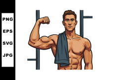Muscular man flexing biceps with towel in gym fitness workou Product Image 1