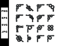 Various Black Rope Knots Vector Illustration Set Showing Dif Product Image 1