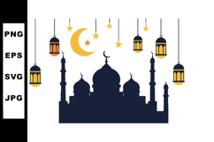 Islamic mosque silhouette with hanging lanterns crescent moo Product Image 1