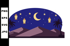 Night desert scene with crescent moon stars lanterns and pal Product Image 1