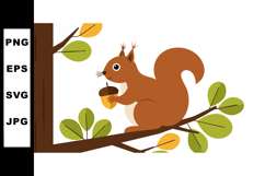 Red squirrel holding acorn on tree branch with green and yel Product Image 1
