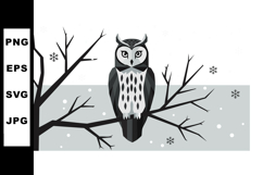 Owl perched on bare winter tree branches with snowflakes fal Product Image 1