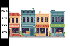 Colorful small town street with cafe juice shop and retail b Product Image 1