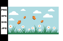 Butterflies flying over daisies and green grass with blue sk Product Image 1