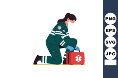 Female Paramedic Wearing Protective Mask and Gloves Kneeling Product Image 1