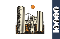 Farm landscape with barn windmill farmer and sun in orange a Product Image 1