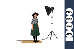Woman wearing green skirt and black hat posing under studio Product Image 1