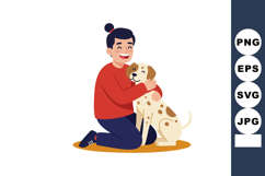Woman hugging happy spotted dog sitting on orange rug friend Product Image 1