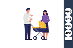 Young parents with baby and yellow stroller enjoying family Product Image 1