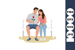 Couple sitting on bench with man giving red rose to woman ro Product Image 1