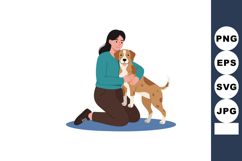 Woman hugging brown and white dog kneeling on blue rug vecto Product Image 1