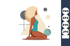 Woman with curly hair in teal swimsuit sitting in profile wi Product Image 1