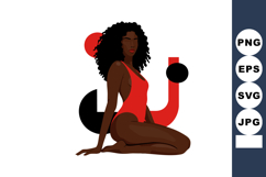 Woman with curly hair in red swimsuit sitting with abstract Product Image 1