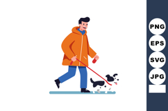 Man walking dog on leash in orange coat and blue pants vecto Product Image 1