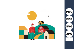 Farmer standing near red barn and countryside houses under s Product Image 1