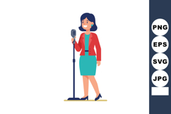 Female speaker in red jacket and teal dress with microphone Product Image 1