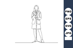 Woman standing with microphone on stand minimalist line art Product Image 1