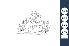 Woman hugging dog tenderly in nature line art pet care vecto Product Image 1