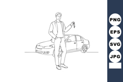 Man holding car keys standing near sedan vehicle line art ve Product Image 1