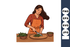 Woman chopping fresh green herbs on wooden board in kitchen Product Image 1