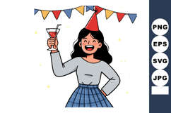 Woman celebrating party with cocktail glass and festive hat Product Image 1