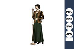 Vintage female singer in long green dress holding microphone Product Image 1