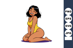 Smiling woman with black hair in yellow swimsuit sitting on Product Image 1