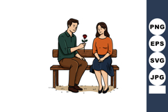 Couple sitting on bench with man giving woman red rose roman Product Image 1