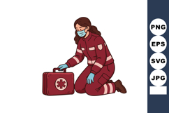 Female Emergency Responder Wearing Mask Kneeling with Medica Product Image 1