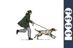 Woman Running with Leashed Spotted Dog in Green Coat and Bro Product Image 1