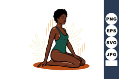 Woman sitting on knees in green swimsuit with curly hair and Product Image 1