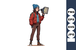 Young woman explorer holding spotlight wearing red jacket an Product Image 1