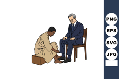 Man Helping Another Man Remove Shoes Sitting on Chairs in Si Product Image 1