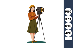 Young woman operating vintage camera on tripod in retro outf Product Image 1