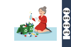 Elderly woman recycling glass bottles with green bins for en Product Image 1