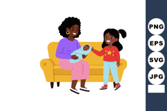 Mother sitting on yellow sofa holding newborn baby with daug Product Image 1