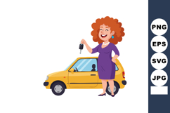 Woman holding car key standing near yellow small vehicle car Product Image 1