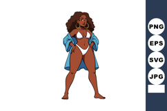 Confident dark-skinned woman in white bikini and blue robe s Product Image 1