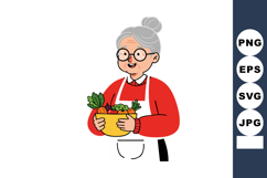 Elderly woman holding bowl of fresh vegetables in red sweate Product Image 1